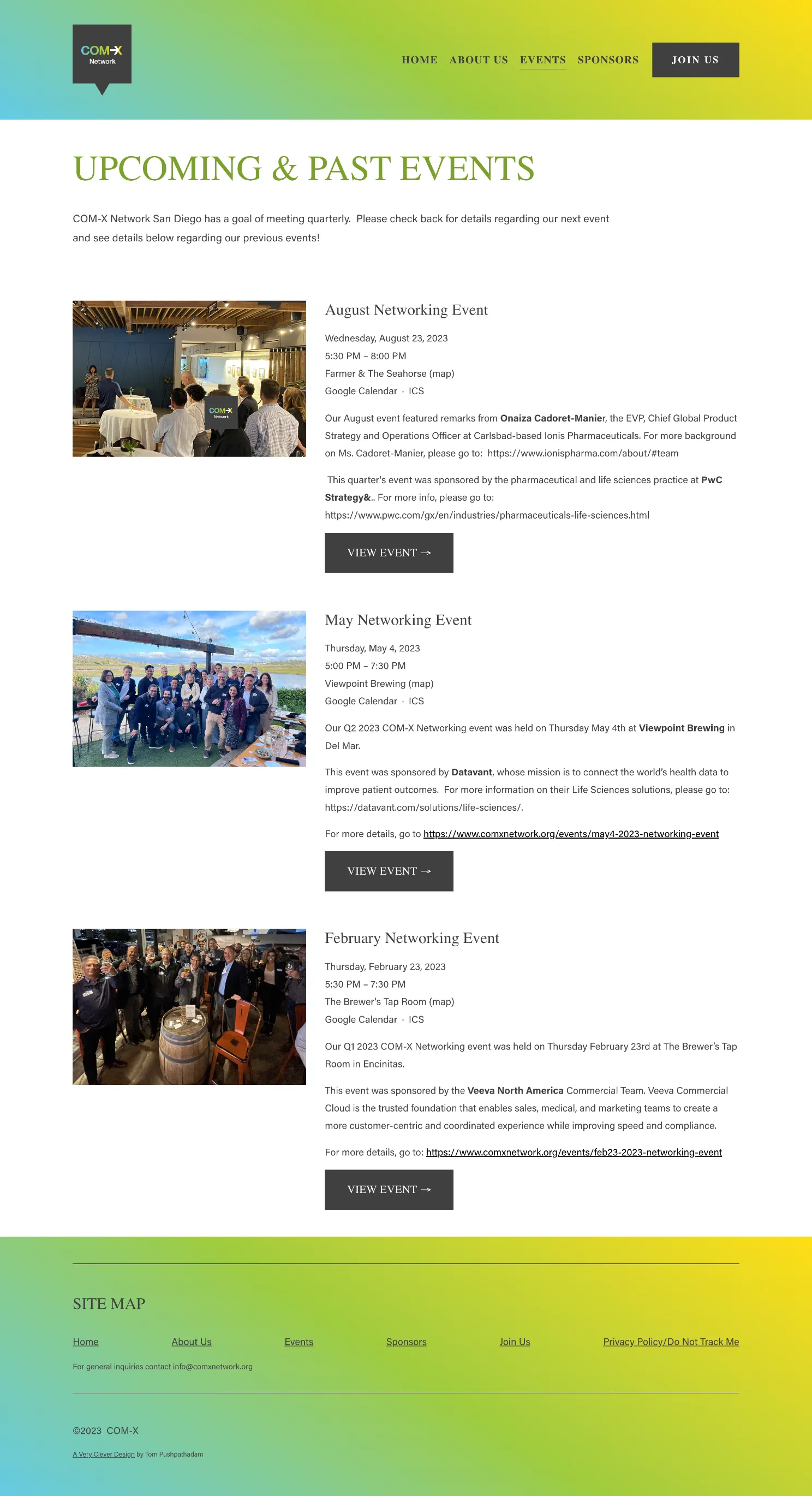 Screenshot of the website's event page showing a sample photo, time, location and summary description for several upcoming and past events.