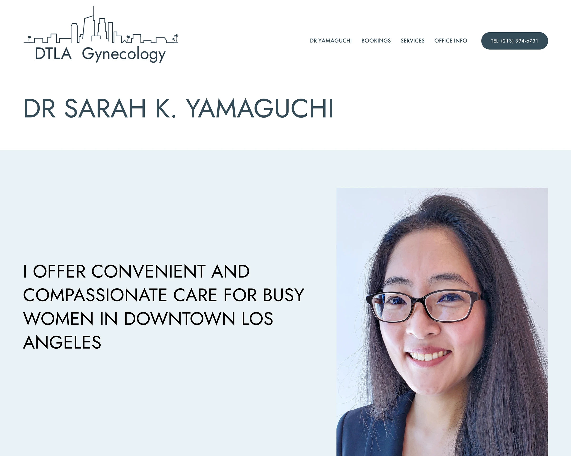 DTLA Gynecology homepage showing Dr Yamaguchi and headline offering convenient and compassionate care for busy women in Downtown Los Angeles.