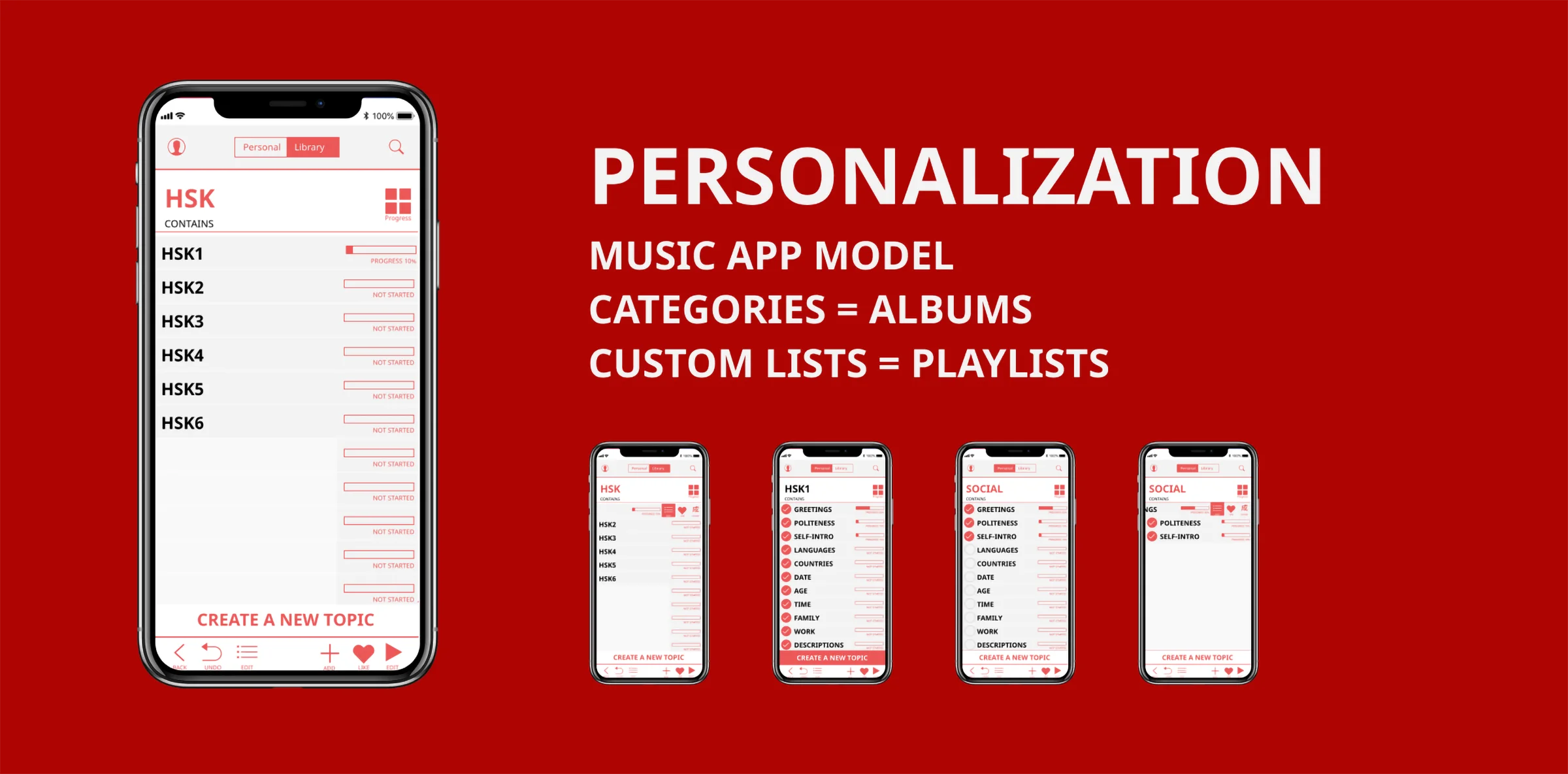 Personalization: music app model with categories like albums and custom lists like playlists.