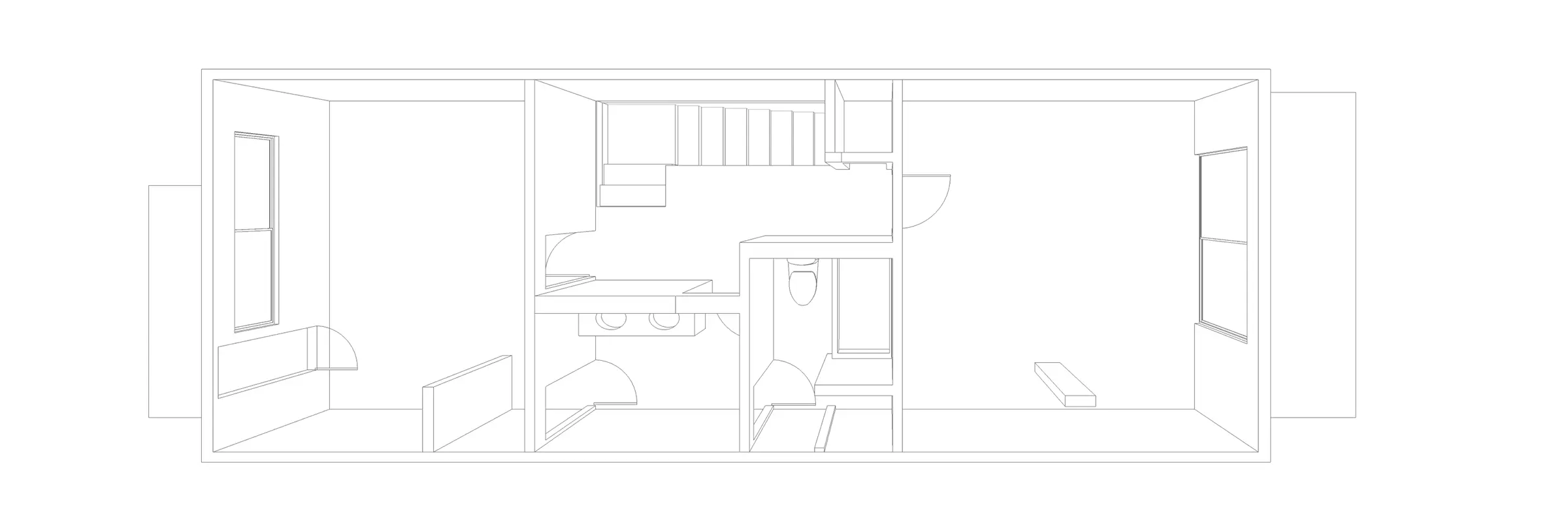 Perspective projection of first floor plan showing split bathroom and limited access to rear from back bedroom.