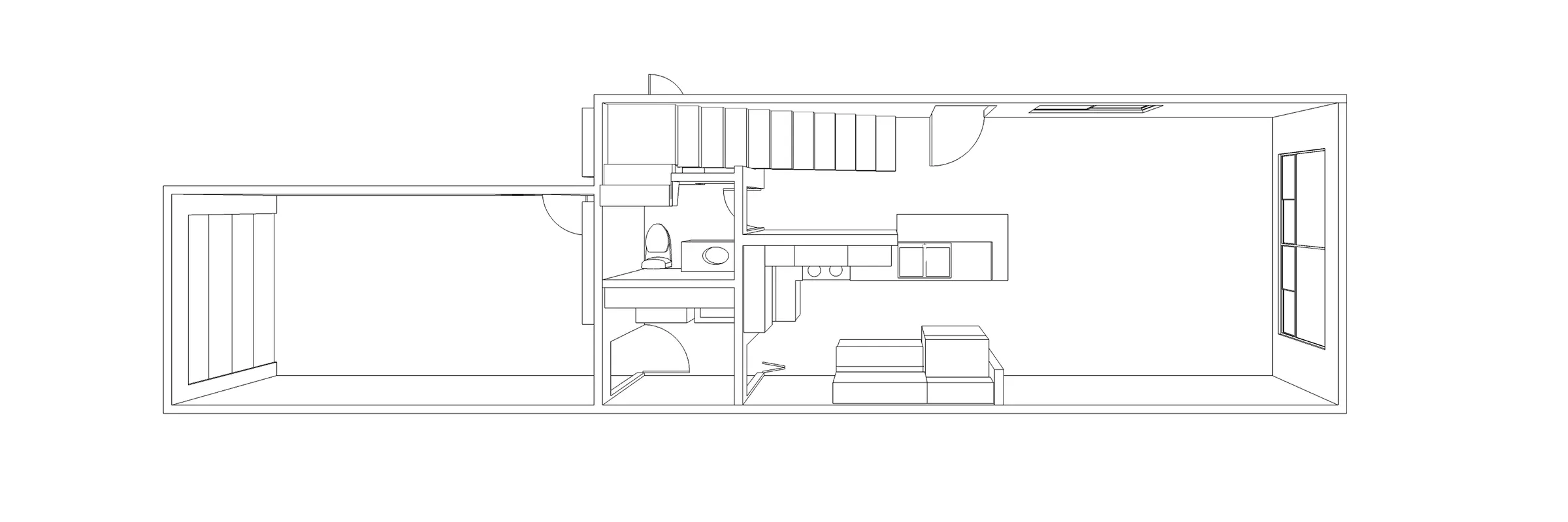 Perspective projection of existing ground floor layout showing twisting access to the garage from the kitchen.