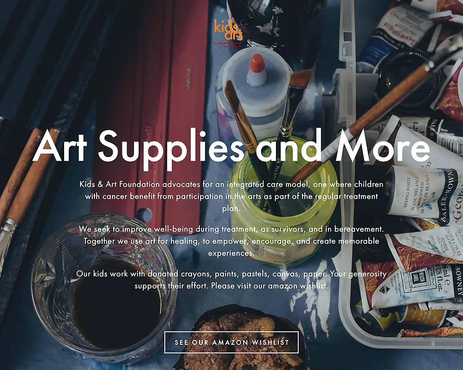 Landing page for a campaign soliciting art supplies for workshops.