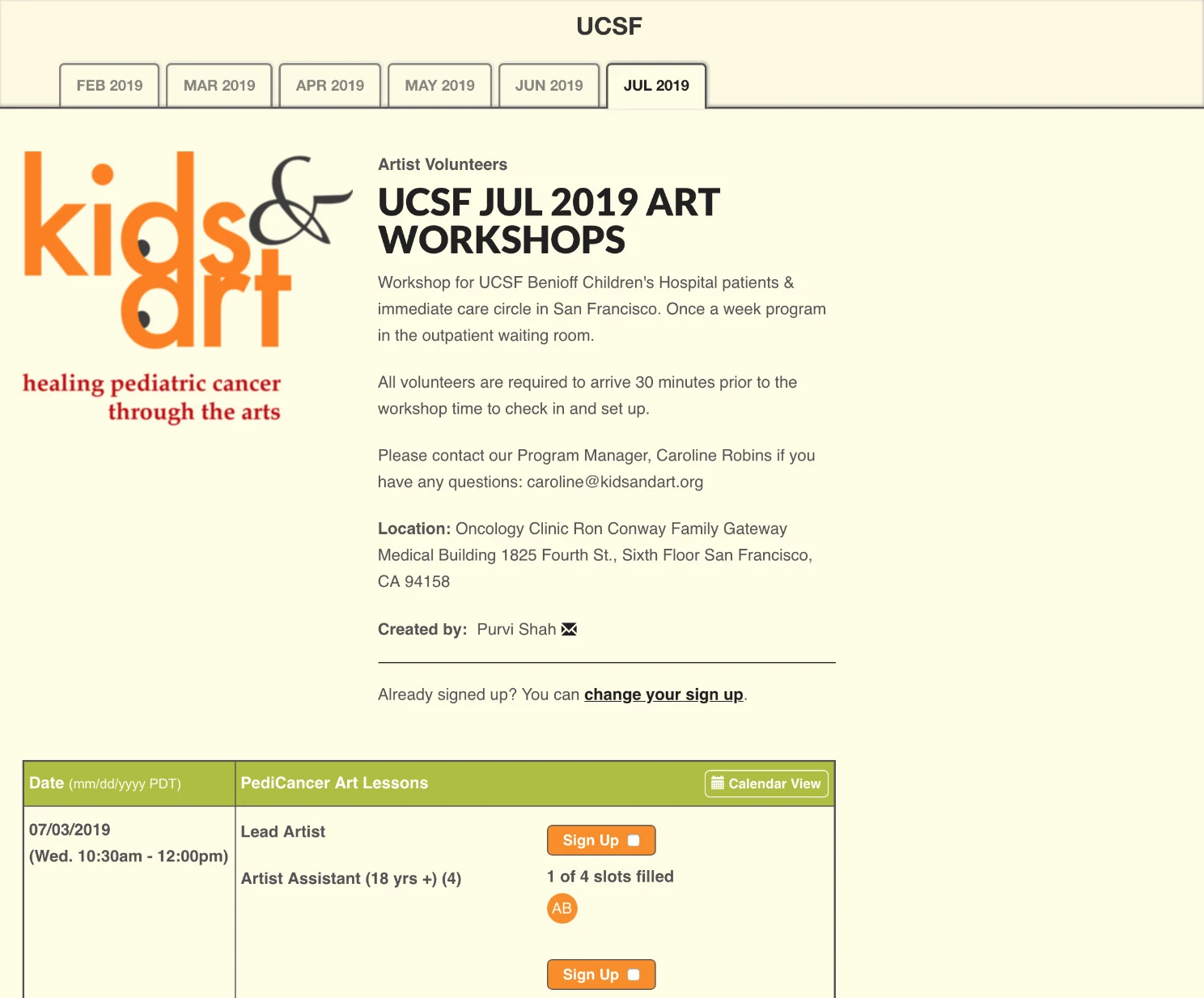 Sample Signup Genius page for a workshop at UCSF.