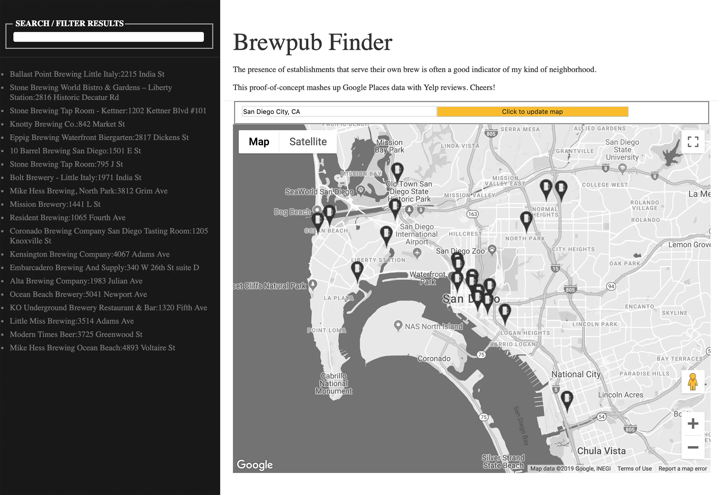 Brewpub finder app main screen shows establishments found in both Yelp and Google on a Google map.