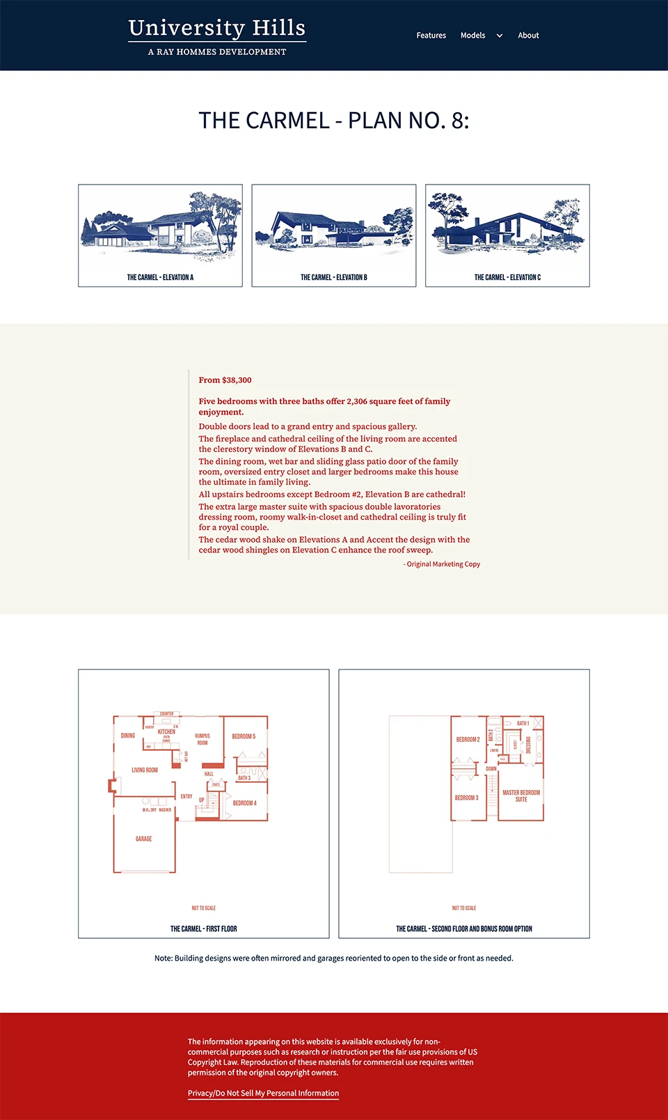 Screenshot of the Carmel model  page showing elevation variants,  features and floorplans.