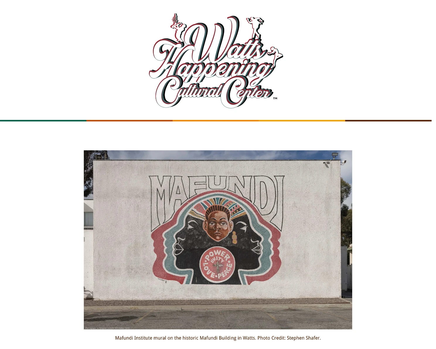 Website screenshot with Cultural Center logo and photo of the Mafundi Institute mural on the historic building. The mural shows a child's face silhouetted by several superimposed adult faces in profile and the institute's motto: unity, love, power, peace. 