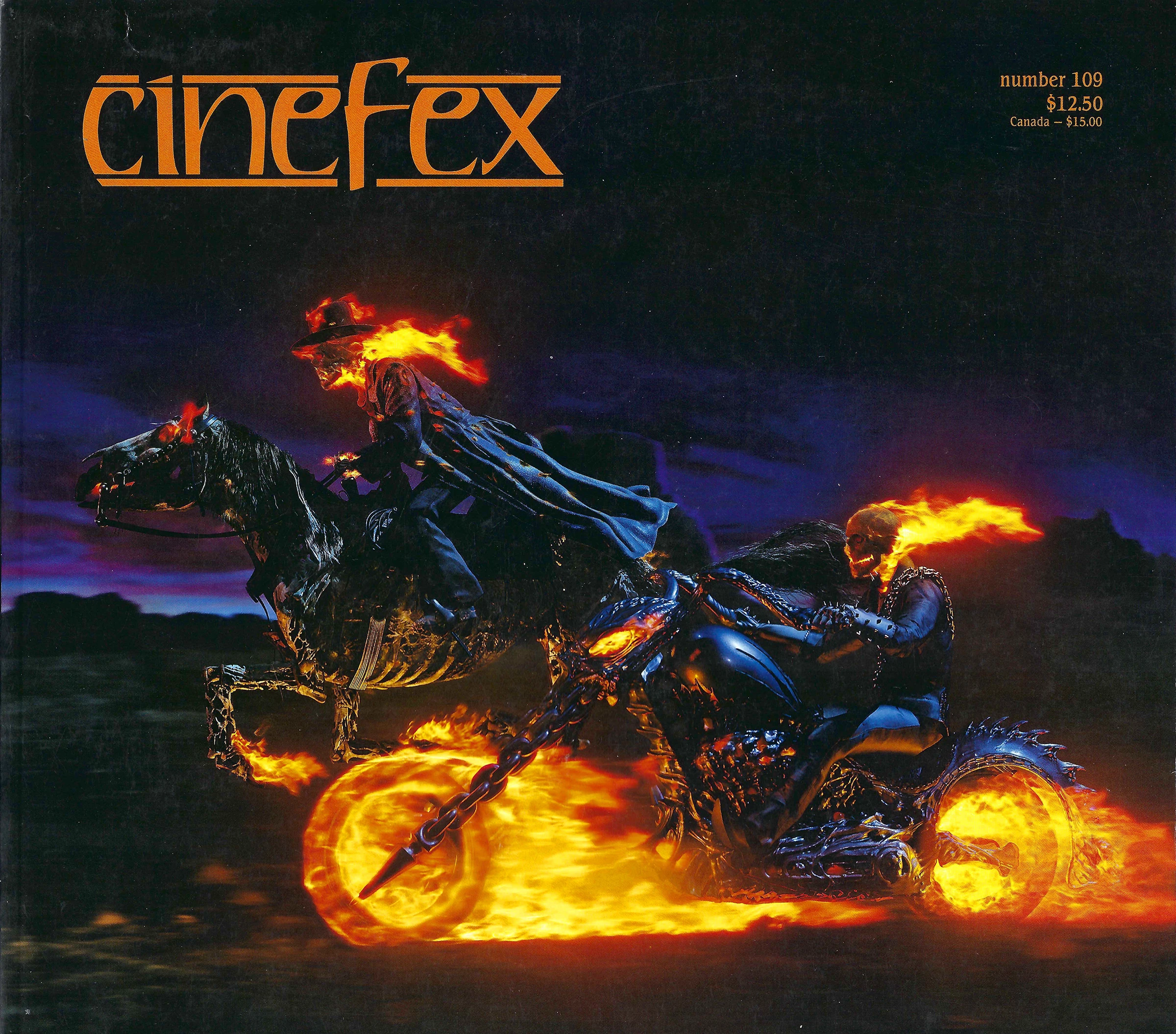 Cover of CineFex 109 showing GhostRider on motorcycle and original GhostRider on horse.