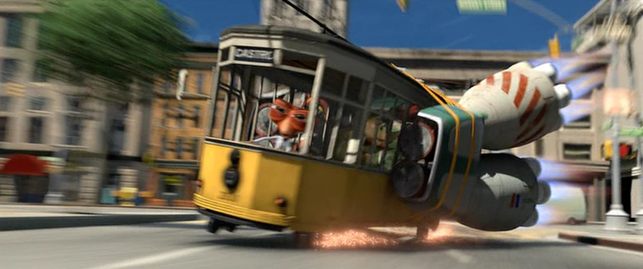 Cartoon trolley car with jet engines rocketing down San Francisco street.